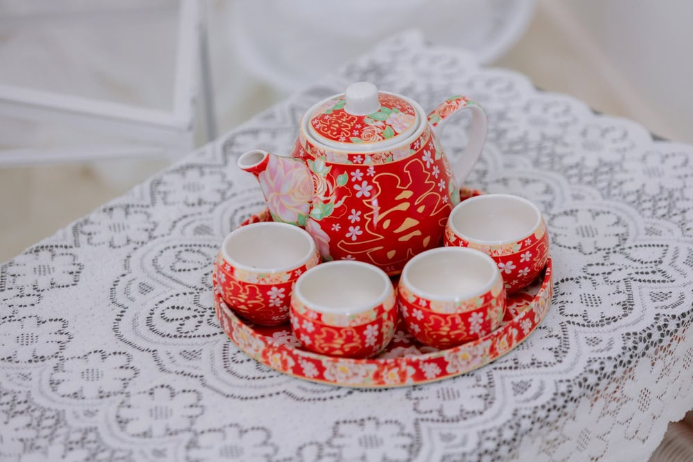 The traditional red Chinese wedding tea set.